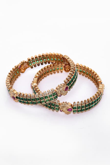 Our Purple Studio_Gold Plated Stones, Beads Studded Carved Bangles - Set Of 2 _Online_at_Aza_Fashions