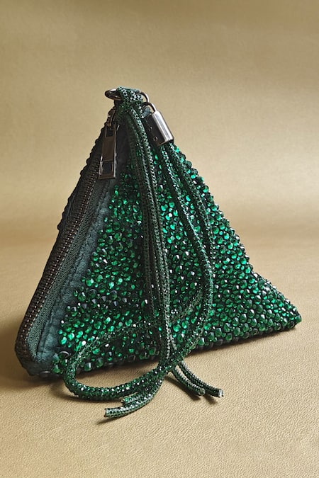 Plode Green Swarovski Crystals Delhi Wristlet Studded Pyramid Bag 