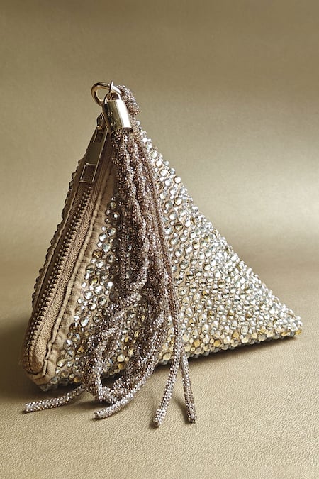 Plode Gold Swarovski Crystals Delhi Wristlet Embellished Pyramid Bag 