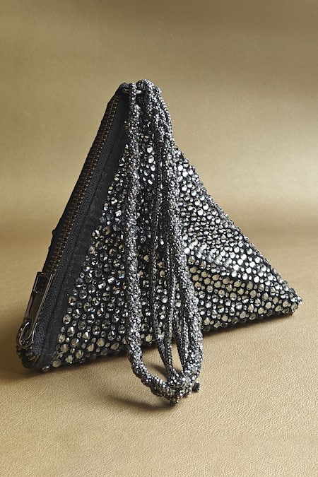 Plode Grey Swarovski Crystals Delhi Wristlet Embellished Pyramid Bag 