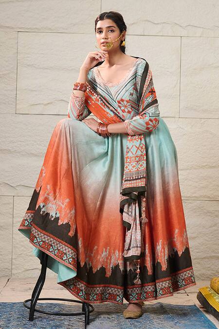 Shop Saundh Blue Anarkali Bemberg Printed Abstract Round Shaded Pant Set Online at Aza Fashions Shop_Saundh_Blue Anarkali Bemberg Printed Abstract Round Shaded Pant Set _Online_at_Aza_Fashions