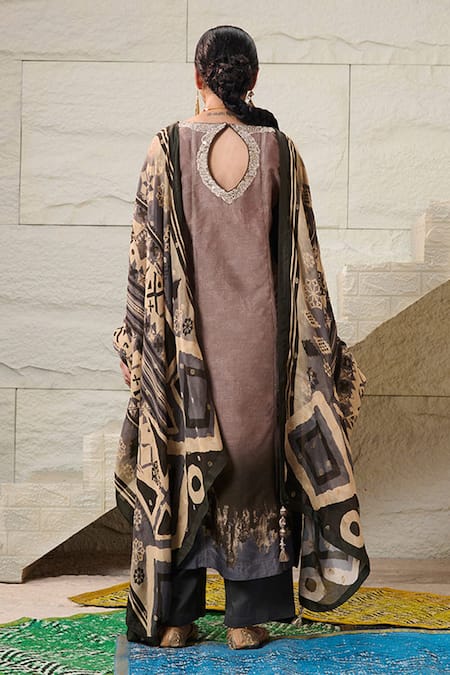 Shop Saundh Brown Satin, Viscose, Abstract Print Embellished Kurta Pant Set at Aza Fashions Shop_Saundh_Brown Satin, Viscose, Abstract Print Embellished Kurta Pant Set _at_Aza_Fashions