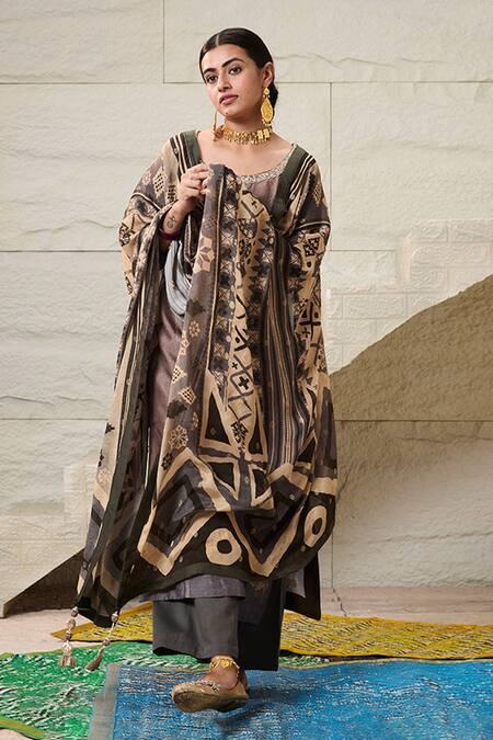 Saundh Brown Satin, Viscose, Abstract Print Embellished Kurta Pant Set Online at Aza Fashions Saundh_Brown Satin, Viscose, Abstract Print Embellished Kurta Pant Set _Online_at_Aza_Fashions