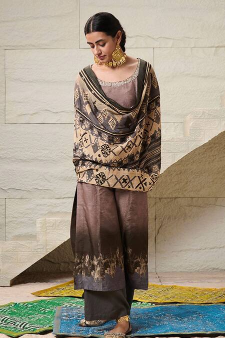 Buy Saundh Brown Satin, Viscose, Abstract Print Embellished Kurta Pant Set Online at Aza Fashions Buy_Saundh_Brown Satin, Viscose, Abstract Print Embellished Kurta Pant Set _Online_at_Aza_Fashions