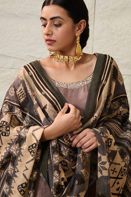 Shop Saundh Brown Satin, Viscose, Abstract Print Embellished Kurta Pant Set Online at Aza Fashions Shop_Saundh_Brown Satin, Viscose, Abstract Print Embellished Kurta Pant Set _Online_at_Aza_Fashions