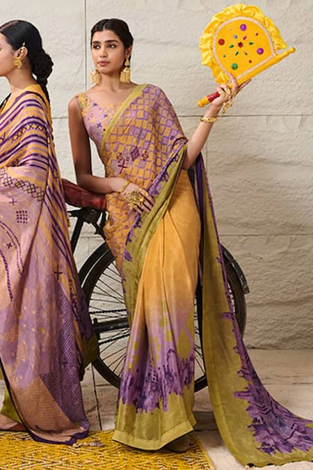 Saundh Abstract Geometric Print Saree With Unstitched Blouse Piece 