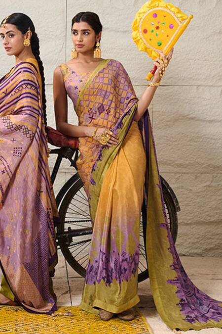 Saundh_Green Saree 100% Viscose Printed Geometric With Unstitched Blouse Piece_Online_at_Aza_Fashions