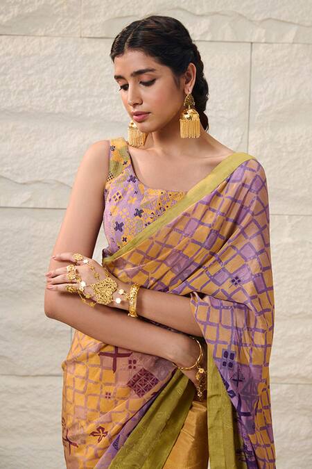 Shop_Saundh_Green Saree 100% Viscose Printed Geometric With Unstitched Blouse Piece_Online_at_Aza_Fashions