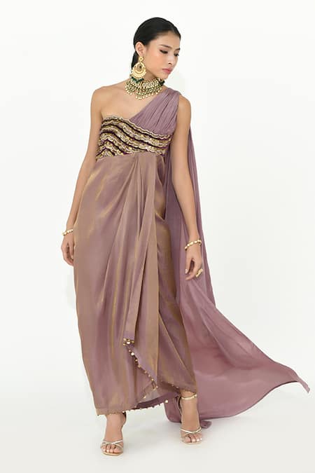 Rishi and Vibhuti Vivi One-Shoulder Embroidered Draped Dress 