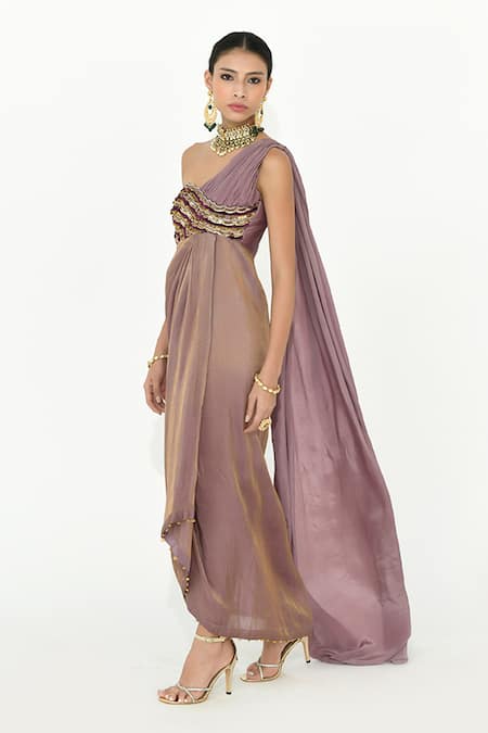 Buy Rishi and Vibhuti Purple Crepe, Chanderi Silk Sequins, Embroidery One Shoulder Vivi Draped Dress Online at Aza Fashions Buy_Rishi and Vibhuti_Purple Crepe, Chanderi Silk Sequins, Embroidery One Shoulder Vivi Draped Dress _Online_at_Aza_Fashions
