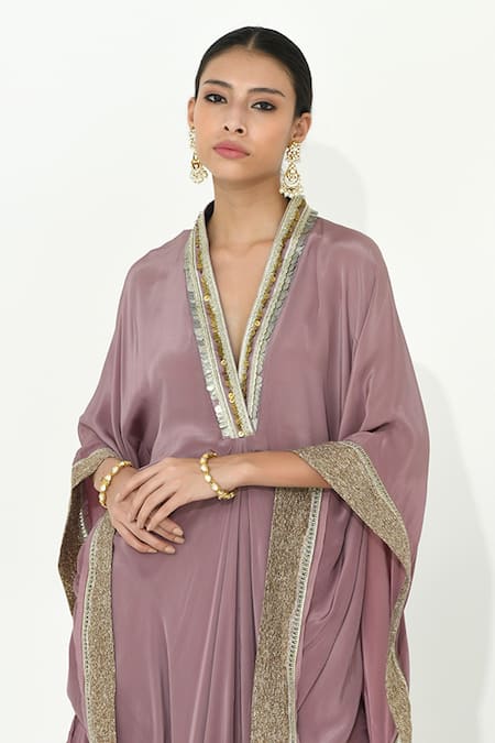 Rishi and Vibhuti_Purple Crepe, Chanderi Silk Lace V-neck Ivy Embroidered Kaftan And Pant Set _Online_at_Aza_Fashions