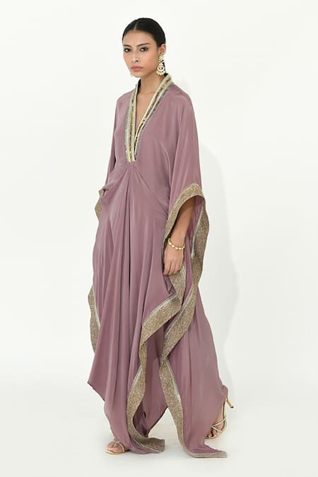 Buy_Rishi and Vibhuti_Purple Crepe, Chanderi Silk Lace V-neck Ivy Embroidered Kaftan And Pant Set _Online_at_Aza_Fashions
