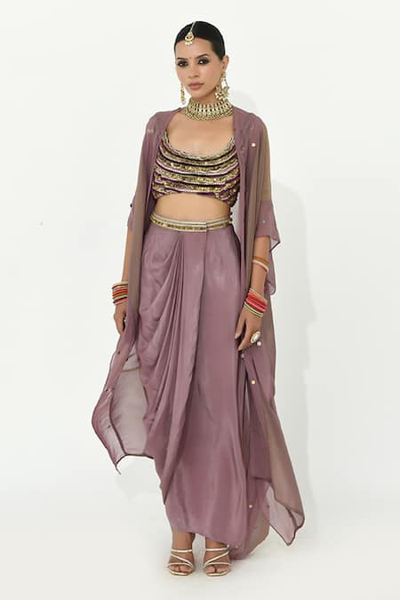 Rishi and Vibhuti Opal Embroidered Cape Draped Skirt Set 