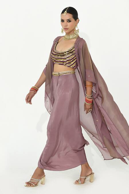 Rishi and Vibhuti Purple Crepe, Organza Sequins, Embroidery Scoop Neck Opal Cape Draped Skirt Set Online at Aza Fashions Rishi and Vibhuti_Purple Crepe, Organza Sequins, Embroidery Scoop Neck Opal Cape Draped Skirt Set _Online_at_Aza_Fashions