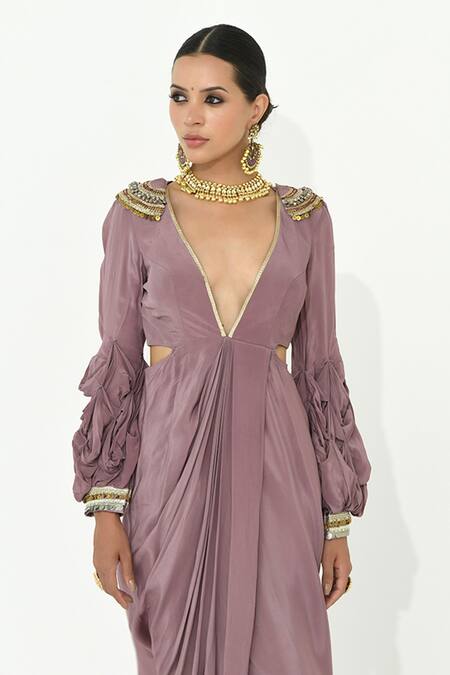 Rishi and Vibhuti_Purple Crepe Embroidery Plunge Neck Daisy Draped Dress _Online_at_Aza_Fashions