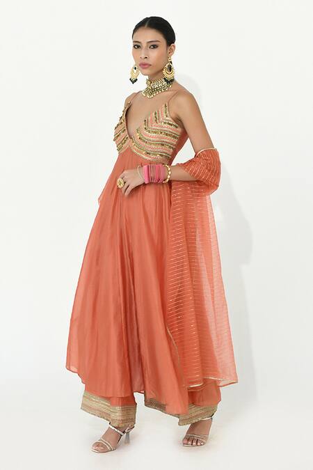 Buy_Rishi and Vibhuti_Coral Chanderi, Organza Sequins, Embroidery, Lace Sunrise Anarkali Pant Set _Online_at_Aza_Fashions