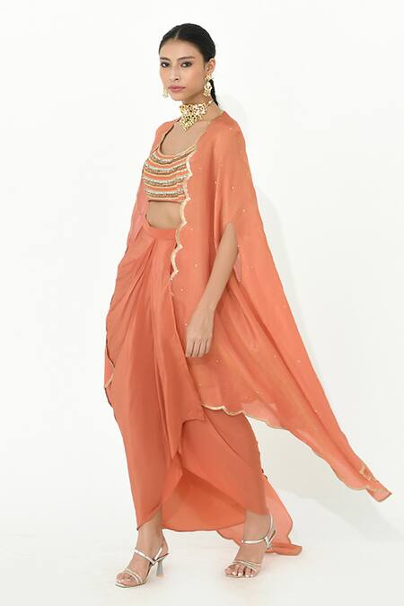 Rishi and Vibhuti_Coral Organza, , Silk Sequins, Karl Cape Draped Skirt Set _Online_at_Aza_Fashions