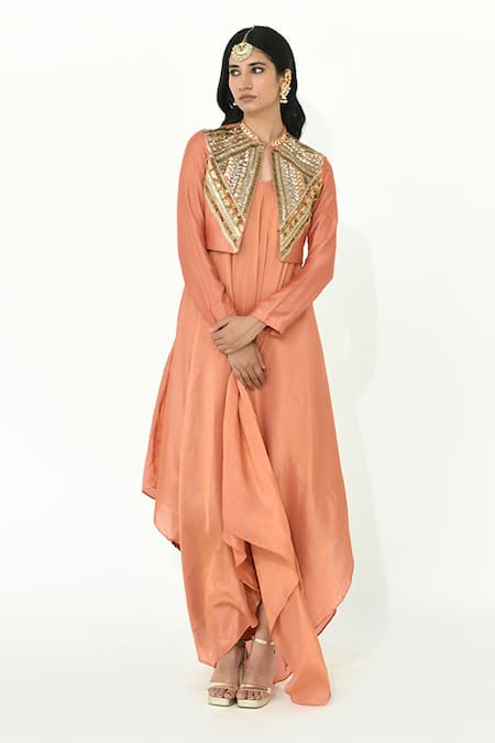 Rishi and Vibhuti Apricot Asymmetric Maxi Dress With Embroidered Jacket 