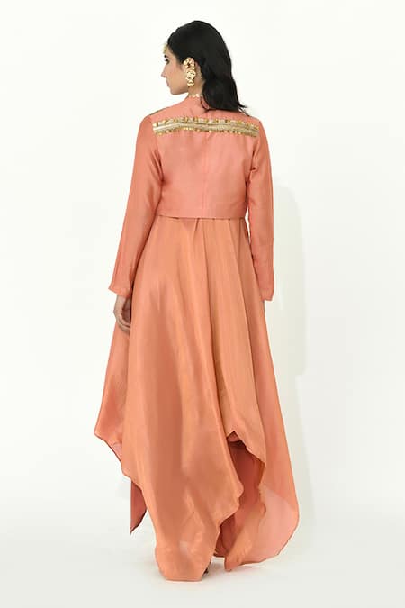 Rishi and Vibhuti Apricot Asymmetric Maxi Dress With Embroidered Jacket 