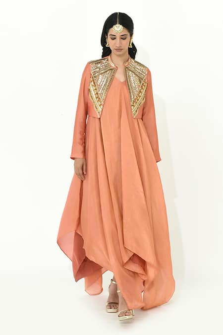 Rishi and Vibhuti_Coral Chanderi Silk Apricot Asymmetric Maxi Dress With Embroidered Jacket _Online_at_Aza_Fashions