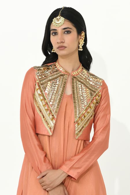 Buy_Rishi and Vibhuti_Coral Chanderi Silk Apricot Asymmetric Maxi Dress With Embroidered Jacket _Online_at_Aza_Fashions
