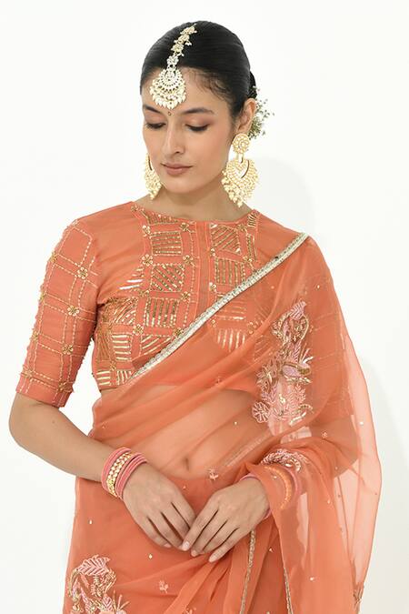 Rishi and Vibhuti_Coral Organza Sequins, Embroidery Round Neck Amber Saree With Blouse _Online_at_Aza_Fashions