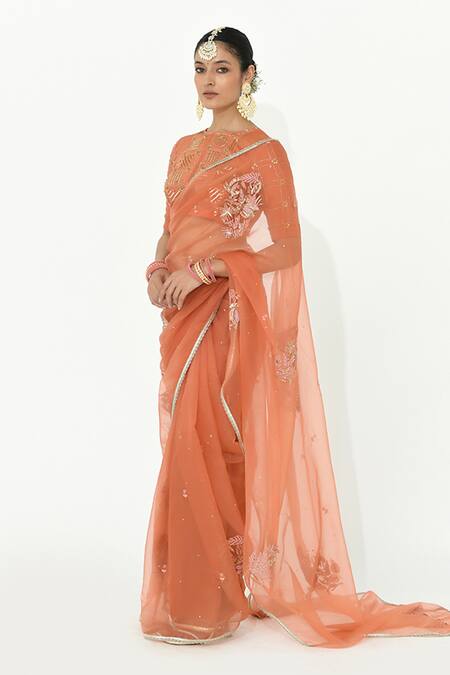 Buy_Rishi and Vibhuti_Coral Organza Sequins, Embroidery Round Neck Amber Saree With Blouse _Online_at_Aza_Fashions