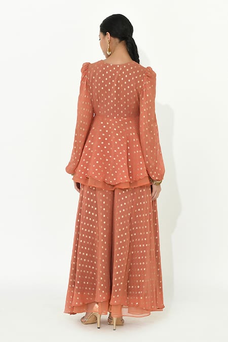 Shop Rishi and Vibhuti Coral Organza, Georgette Lace V-neck Spanish Peplum Tunic Sharara Set at Aza Fashions Shop_Rishi and Vibhuti_Coral Organza, Georgette Lace V-neck Spanish Peplum Tunic Sharara Set _at_Aza_Fashions