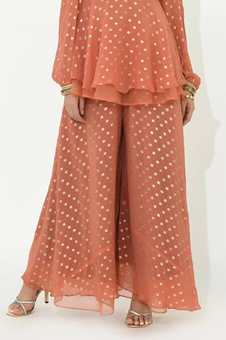 Rishi and Vibhuti Coral Organza, Georgette Lace V-neck Spanish Peplum Tunic Sharara Set Online at Aza Fashions Rishi and Vibhuti_Coral Organza, Georgette Lace V-neck Spanish Peplum Tunic Sharara Set _Online_at_Aza_Fashions