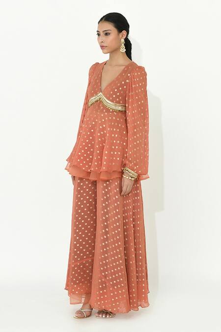 Shop Rishi and Vibhuti Coral Organza, Georgette Lace V-neck Spanish Peplum Tunic Sharara Set Online at Aza Fashions Shop_Rishi and Vibhuti_Coral Organza, Georgette Lace V-neck Spanish Peplum Tunic Sharara Set _Online_at_Aza_Fashions