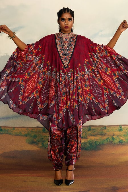 Shop_Rajdeep Ranawat_Red Modal Satin Printed Geometric Sonth Dhoti Pant _at_Aza_Fashions