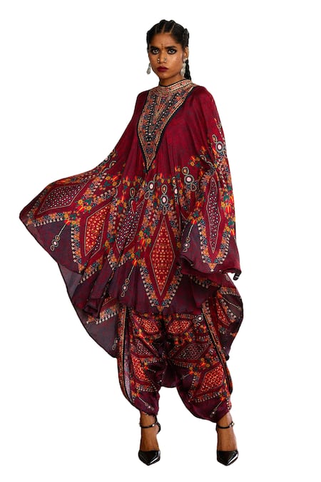 Buy_Rajdeep Ranawat_Red Modal Satin Printed Geometric Sonth Dhoti Pant _Online_at_Aza_Fashions