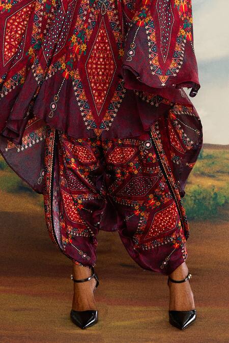 Shop_Rajdeep Ranawat_Red Modal Satin Printed Geometric Sonth Dhoti Pant _Online_at_Aza_Fashions