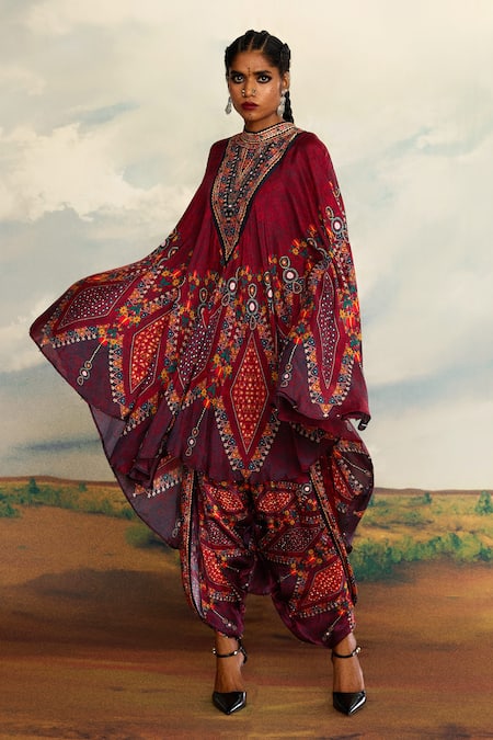 Rajdeep Ranawat_Red Modal Satin Printed Geometric Sonth Dhoti Pant _at_Aza_Fashions