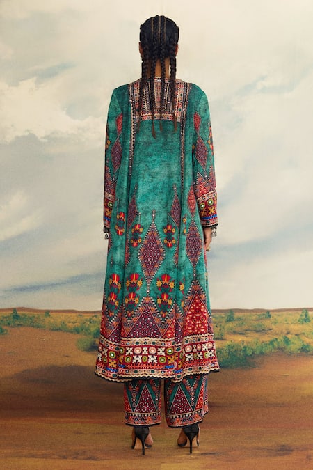 Shop_Rajdeep Ranawat_Green Silk Embroidery Round Neck Anisha Printed Long Kurta _at_Aza_Fashions