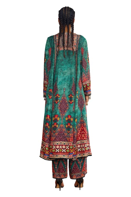 Shop_Rajdeep Ranawat_Green Silk Embroidery Round Neck Anisha Printed Long Kurta _Online_at_Aza_Fashions