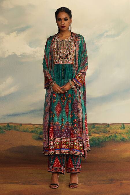 Shop_Rajdeep Ranawat_Green Silk Embroidery Round Neck Anisha Printed Long Kurta 