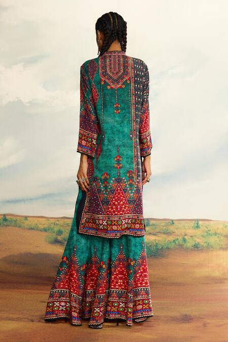 Shop Rajdeep Ranawat Blue Silk Geometric Print Gharara at Aza Fashions Shop_Rajdeep Ranawat_Blue Silk Geometric Print Gharara _at_Aza_Fashions