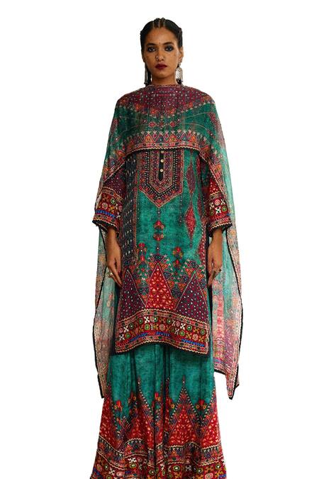 Buy Rajdeep Ranawat Blue Silk Geometric Print Gharara Buy_Rajdeep Ranawat_Blue Silk Geometric Print Gharara