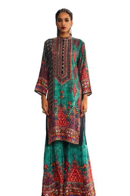 Rajdeep Ranawat_Blue Silk Sequins Round Neck Radha Printed Long Kurta _Online_at_Aza_Fashions