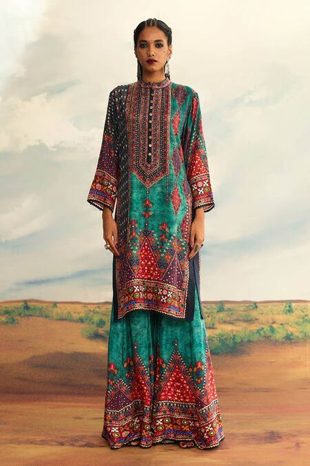 Buy_Rajdeep Ranawat_Blue Silk Sequins Round Neck Radha Printed Long Kurta _Online_at_Aza_Fashions