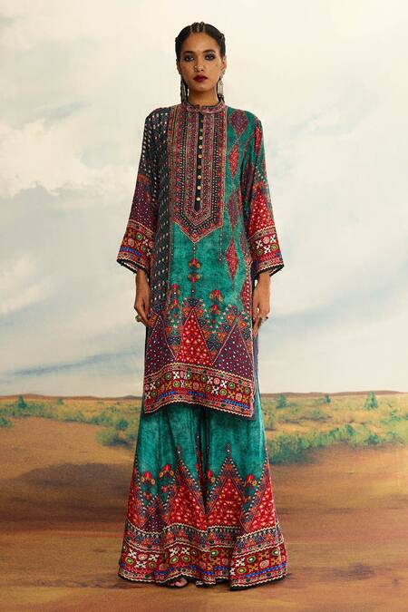 Shop_Rajdeep Ranawat_Blue Silk Sequins Round Neck Radha Printed Long Kurta _Online_at_Aza_Fashions