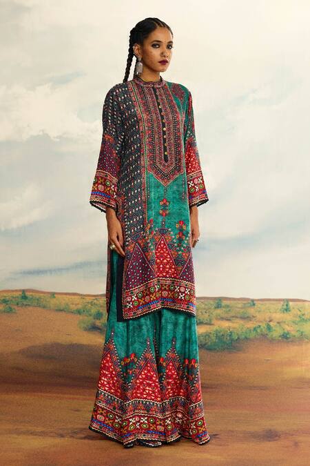 Rajdeep Ranawat_Blue Silk Sequins Round Neck Radha Printed Long Kurta _at_Aza_Fashions