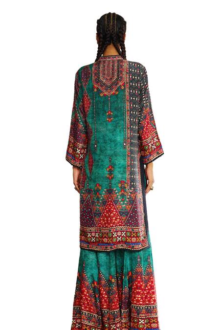 Buy_Rajdeep Ranawat_Blue Silk Sequins Round Neck Radha Printed Long Kurta 