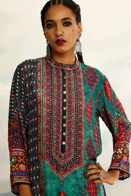 Shop_Rajdeep Ranawat_Blue Silk Sequins Round Neck Radha Printed Long Kurta 