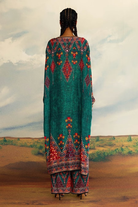Shop_Rajdeep Ranawat_Green Silk Embroidery V-neck Banno Printed Long Kurta _at_Aza_Fashions