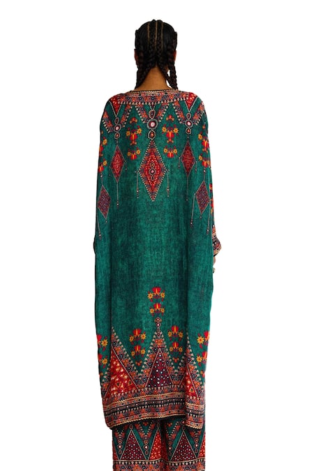 Buy_Rajdeep Ranawat_Green Silk Embroidery V-neck Banno Printed Long Kurta 