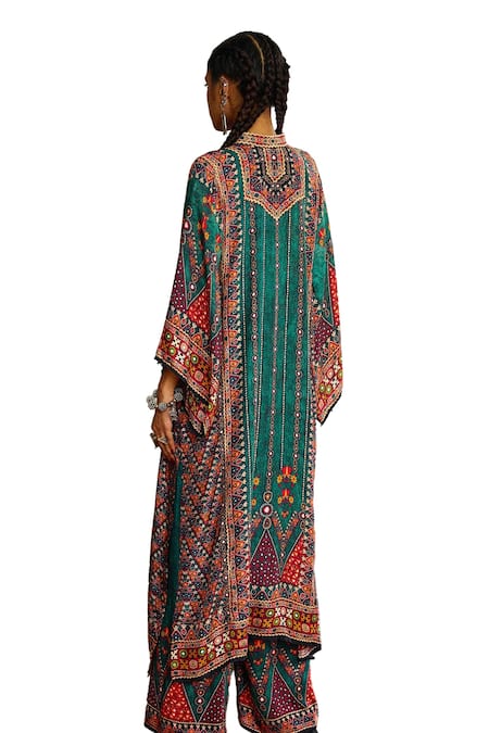 Buy_Rajdeep Ranawat_Green Silk Embroidery Mandarin Collar Gayatri Printed Long Kurta _Online_at_Aza_Fashions