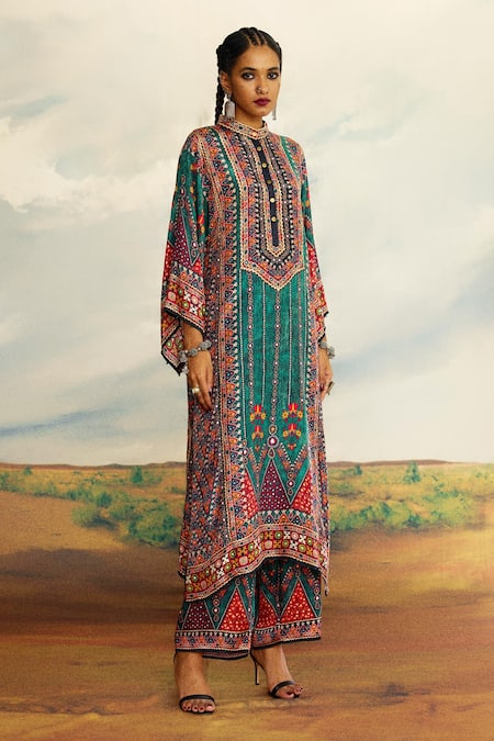 Shop_Rajdeep Ranawat_Green Silk Embroidery Mandarin Collar Gayatri Printed Long Kurta _Online_at_Aza_Fashions