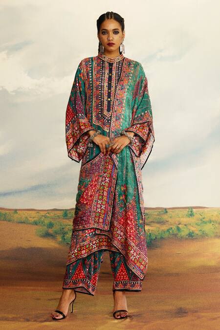 Shop_Rajdeep Ranawat_Green Silk Embroidery Mandarin Collar Gayatri Printed Long Kurta 